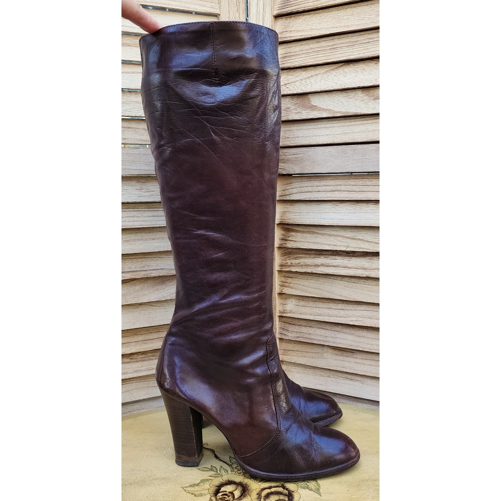 100% Leather Sz 8.5 Chocolate Brown Tall Heel Boots Vtg Minimalist Quiet Luxury